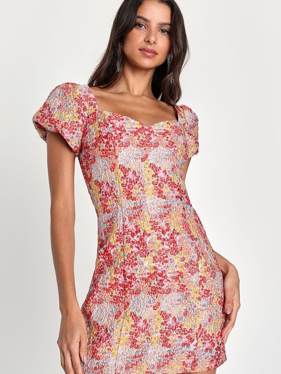 Lulus Dresses & Skirts - Lulus Floral Jacquard Puff-Sleeve Mini Dress